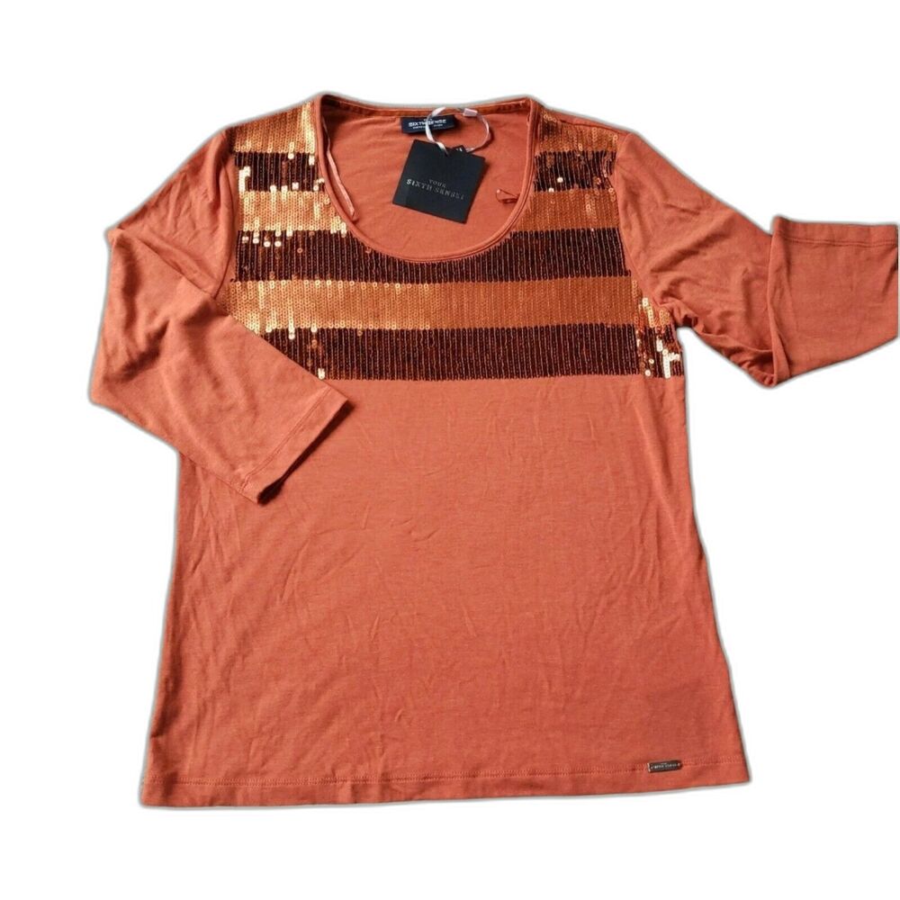 Burnt Orange Sequence Shirt SMALL 3/4 Sleeve YOUR SIXTH SENSE